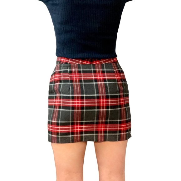JANE BLANC PARIS M Tartan Flannel Mini Skirt Pencil Red High Waist Plaid Poket S - Picture 4 of 14